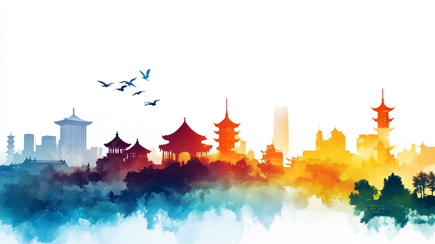 水墨风城市天际线景观图