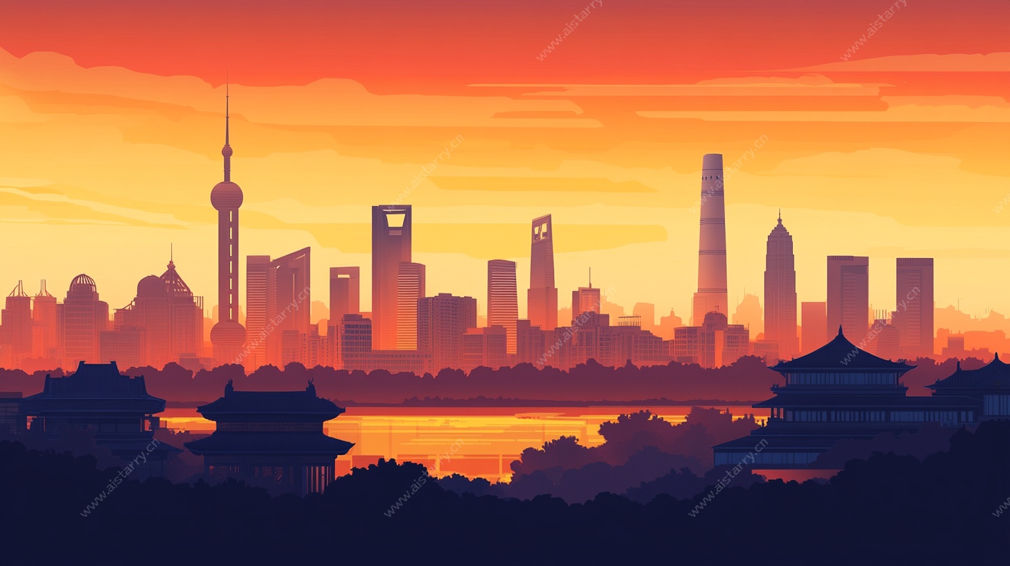 上海城市天际线黄昏美景