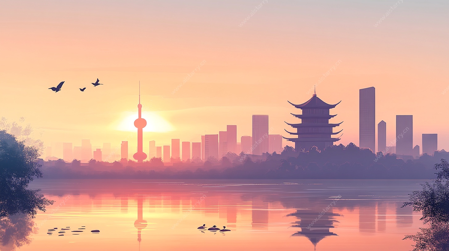 夕阳下的城市湖畔美景