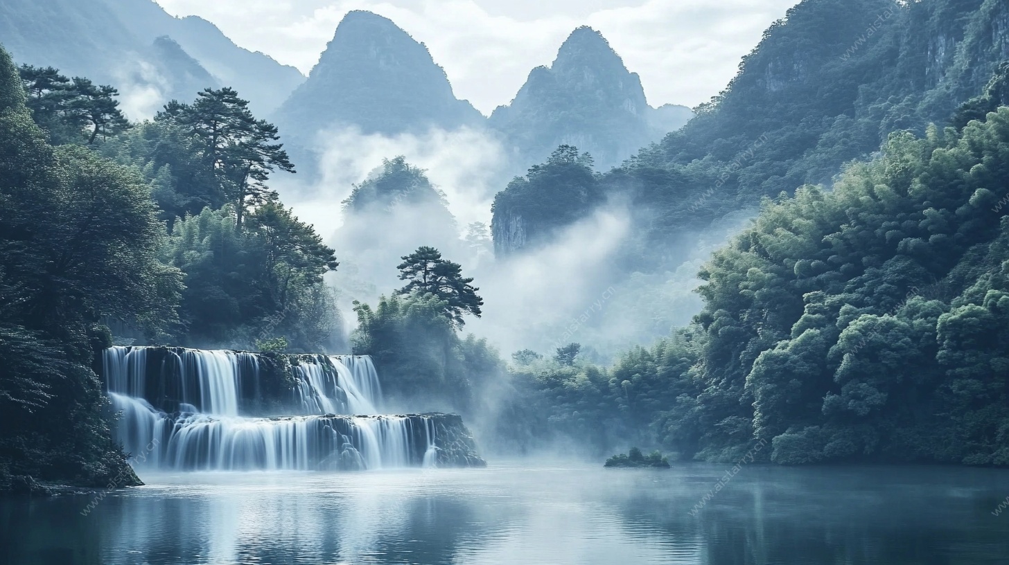 山间瀑布环绕的静谧山水景