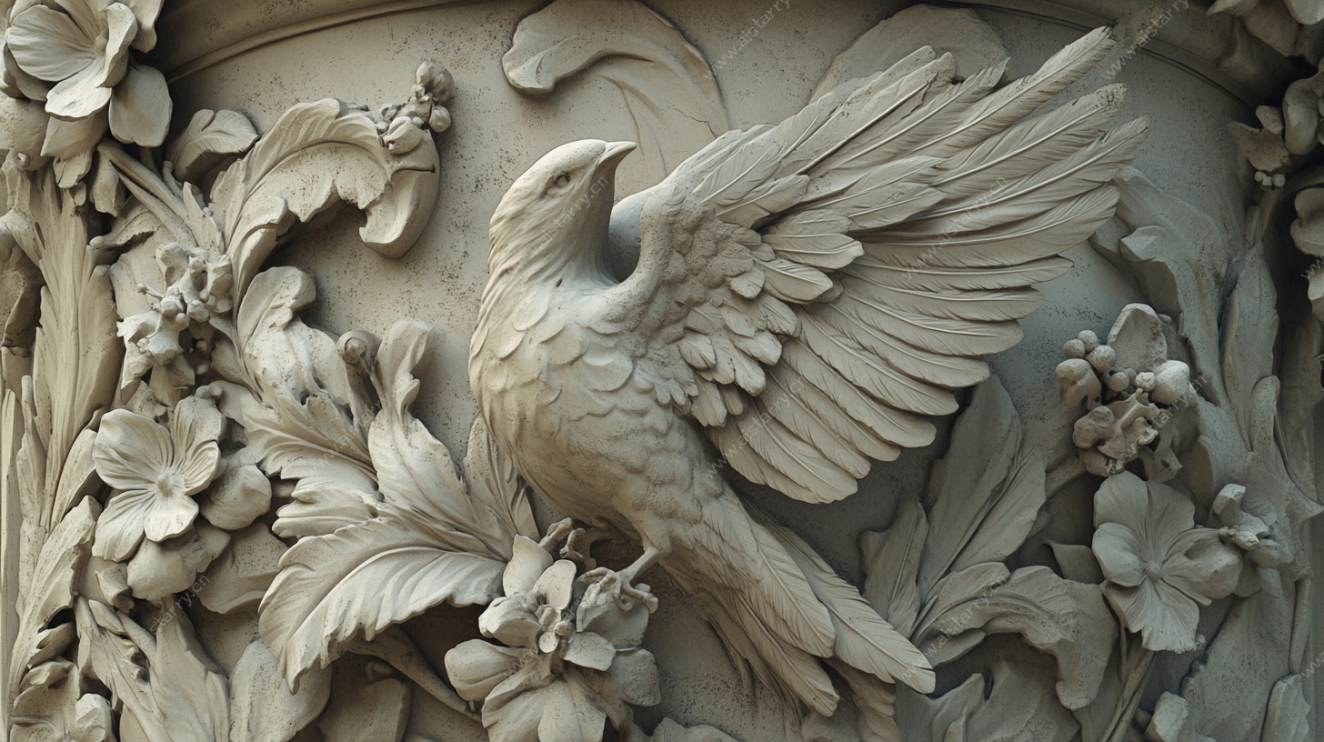 飞鸟花卉石雕细节