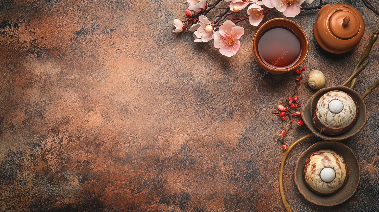 中式古风茶具与花卉摆拍