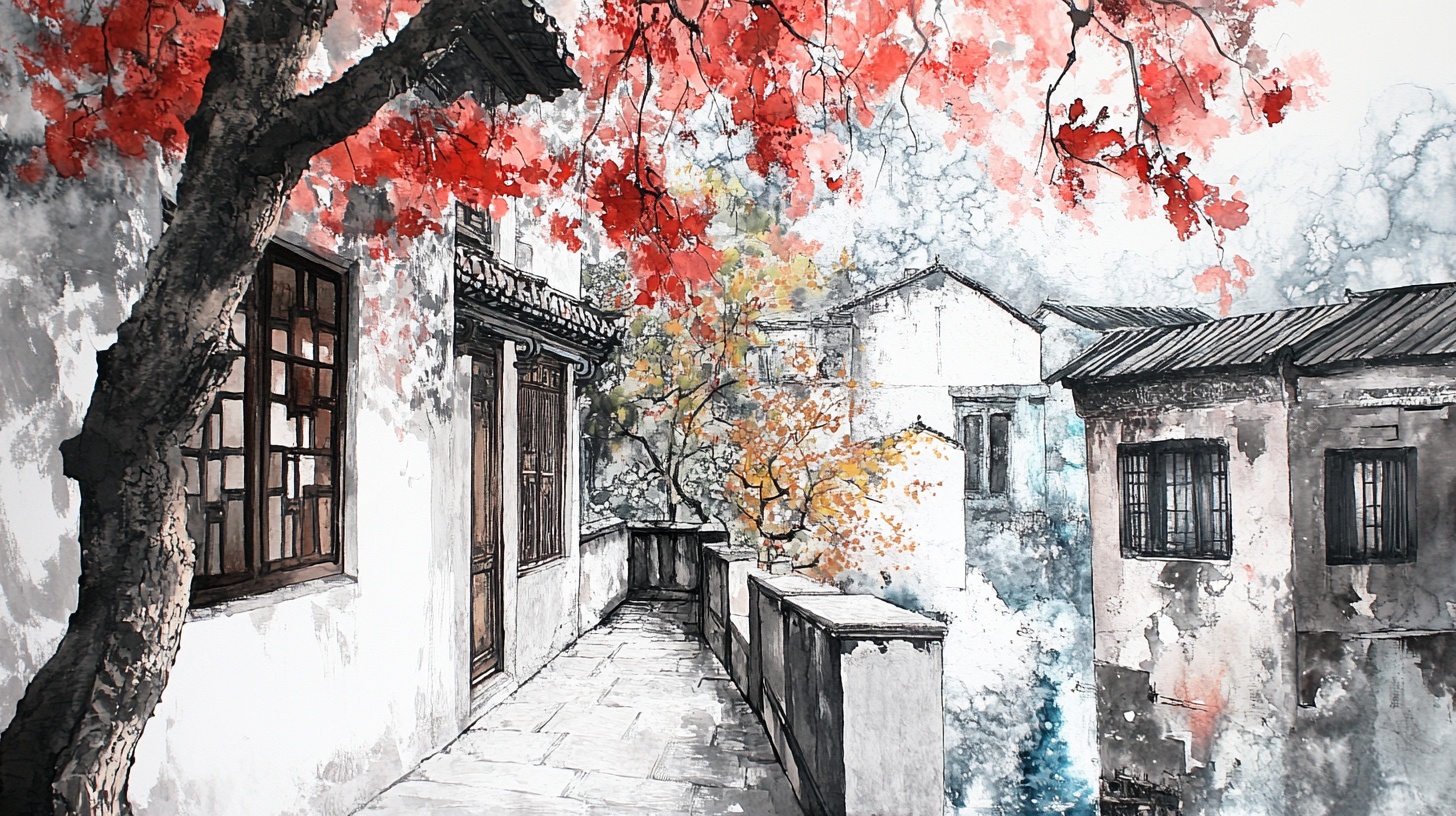 江南秋景水墨小巷图