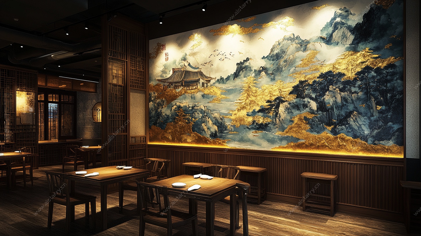 中式餐厅的山水壁画装饰