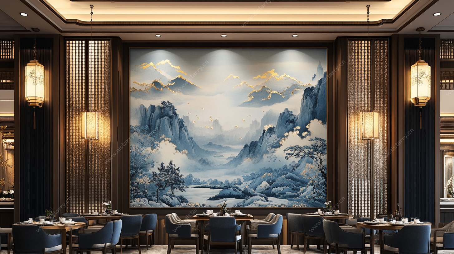中式餐厅山水壁画装饰图