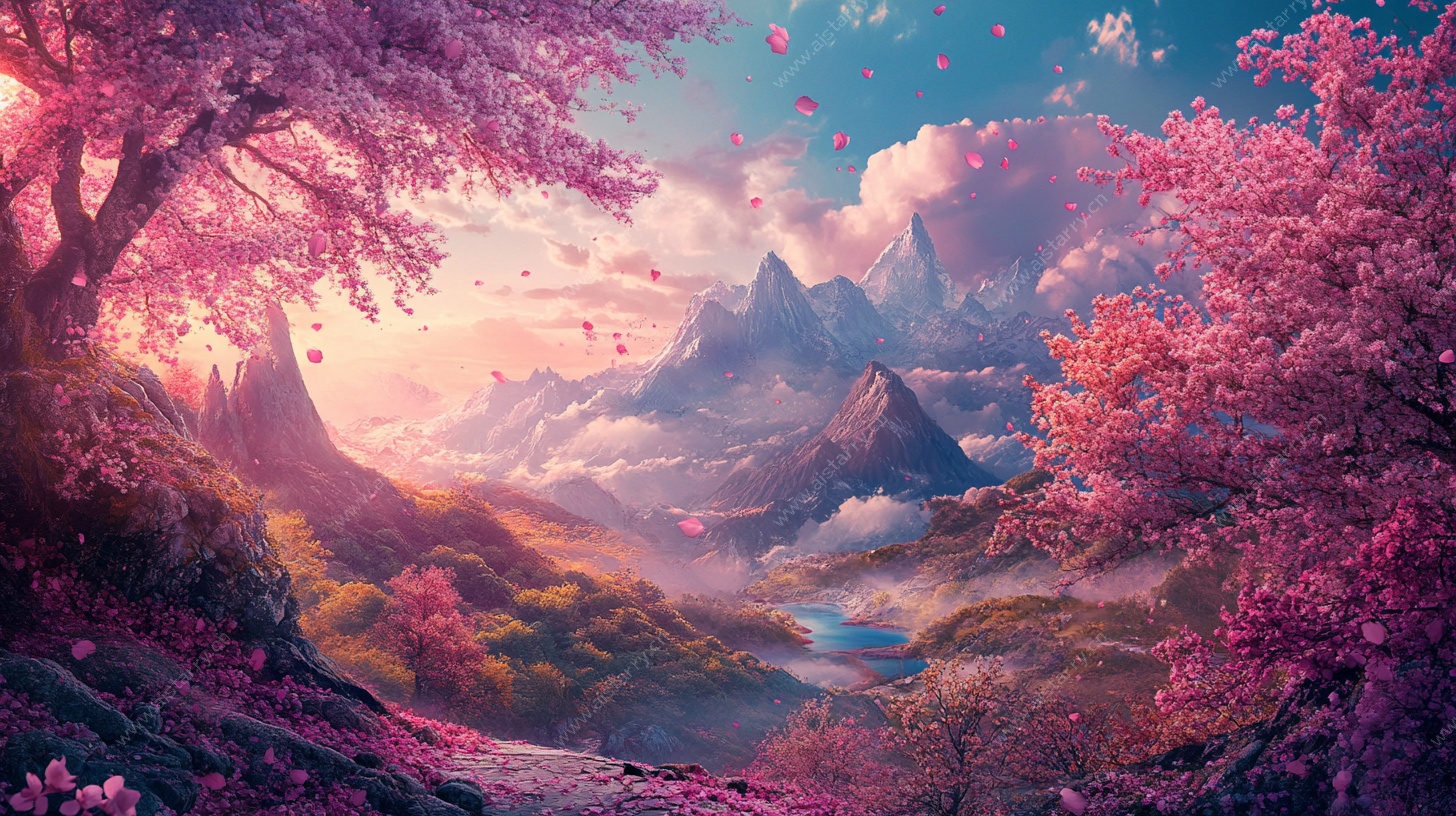 梦幻粉紫山水风景图