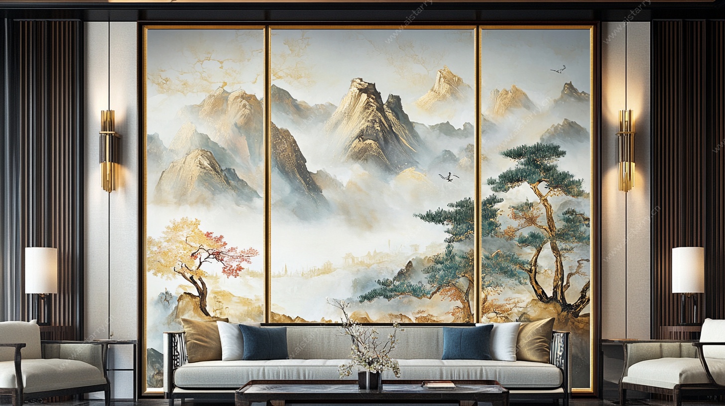 中式客厅山水壁画装饰