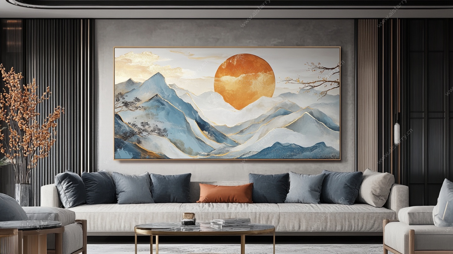 现代客厅中的山水艺术挂画