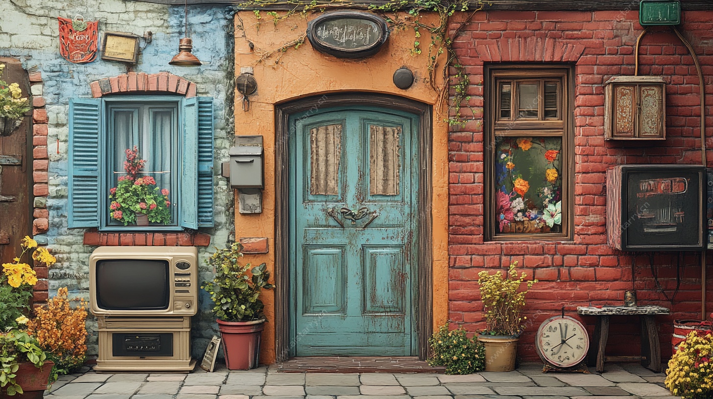 复古多彩小屋门前景致