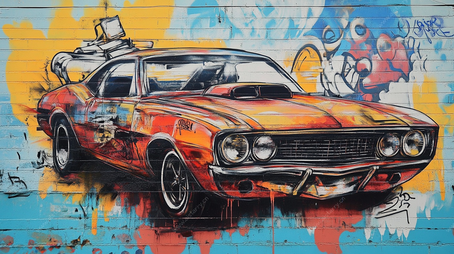 涂鸦风格复古汽车壁画