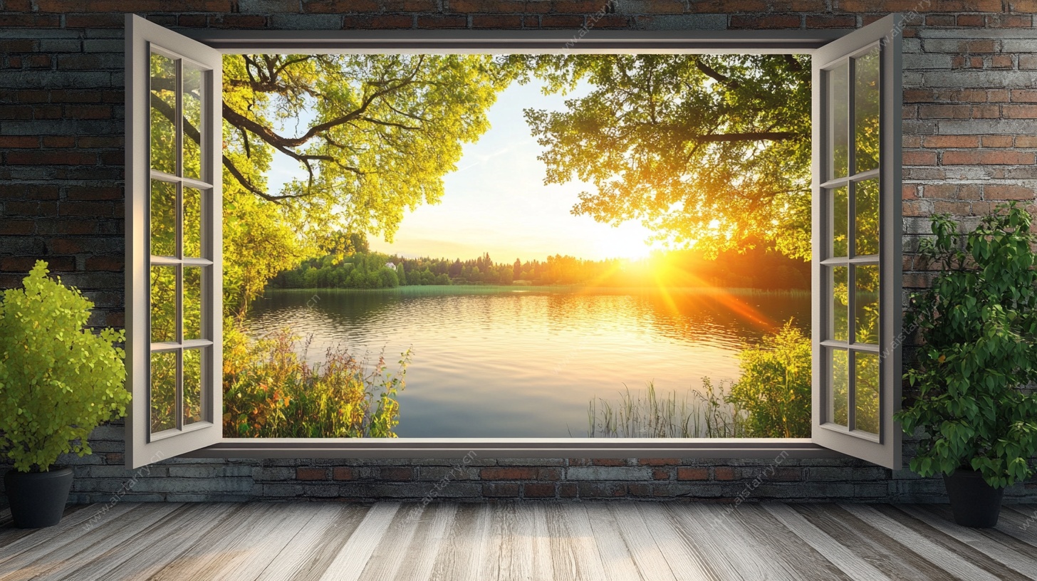 窗外湖畔日落美景