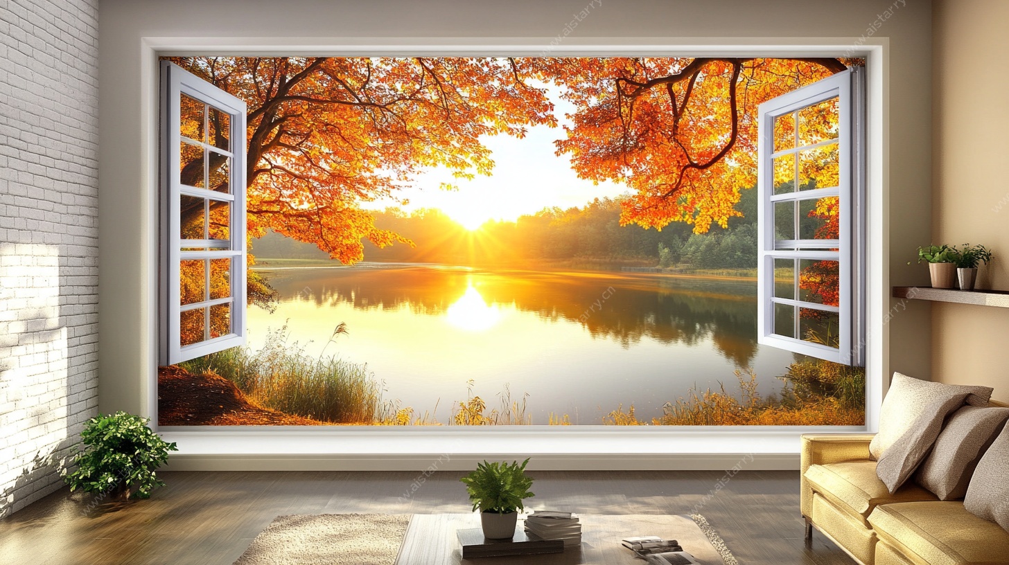 秋日窗景壁画 温馨客厅风