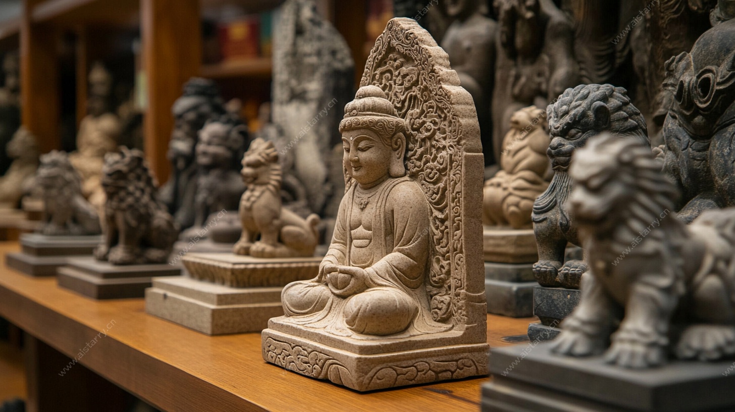 佛像与石狮子摆件陈列