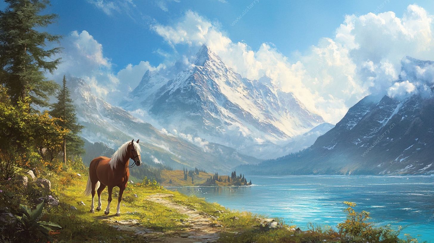 湖畔骏马与壮丽山景