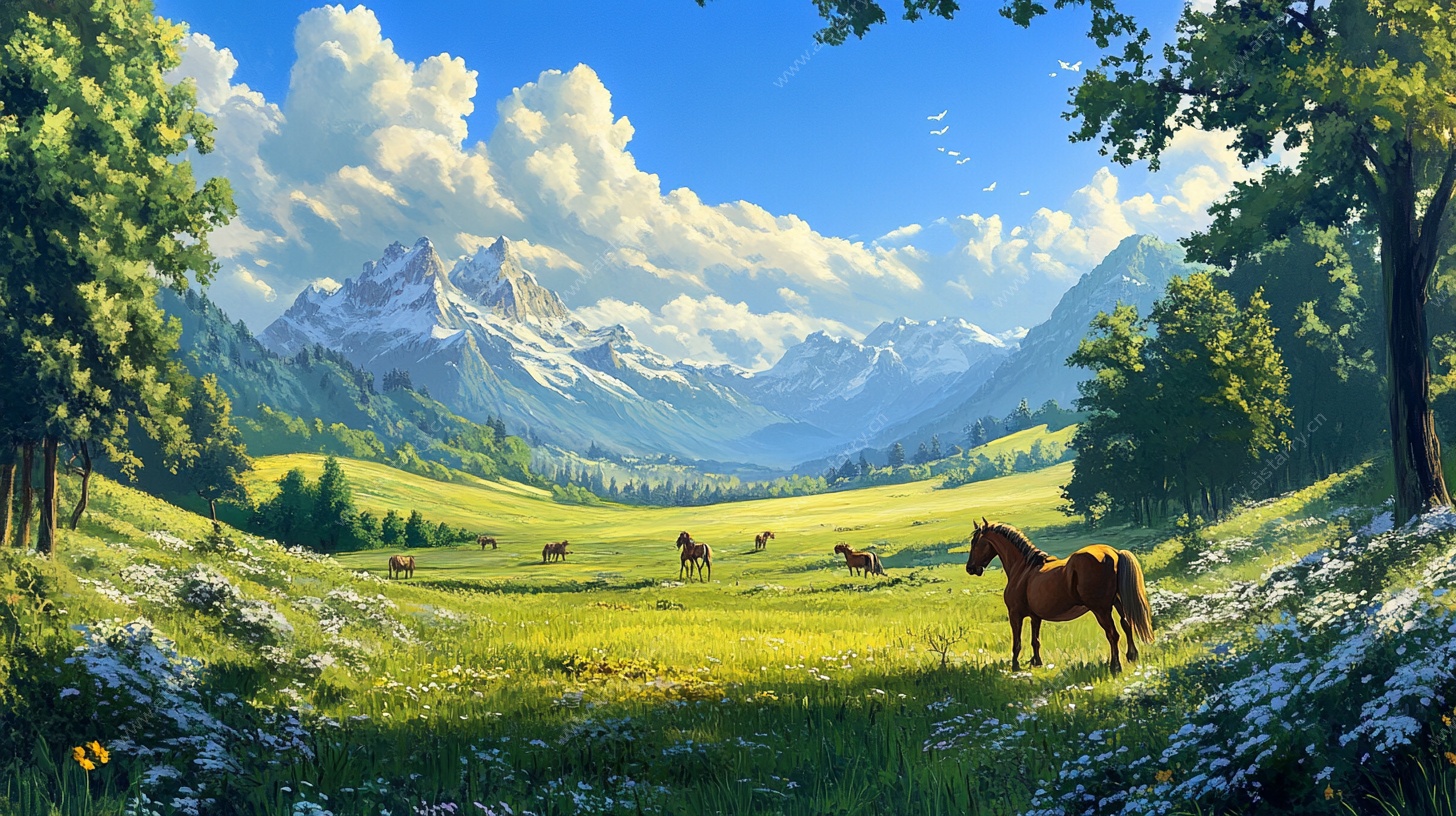 草原骏马与远山风景图