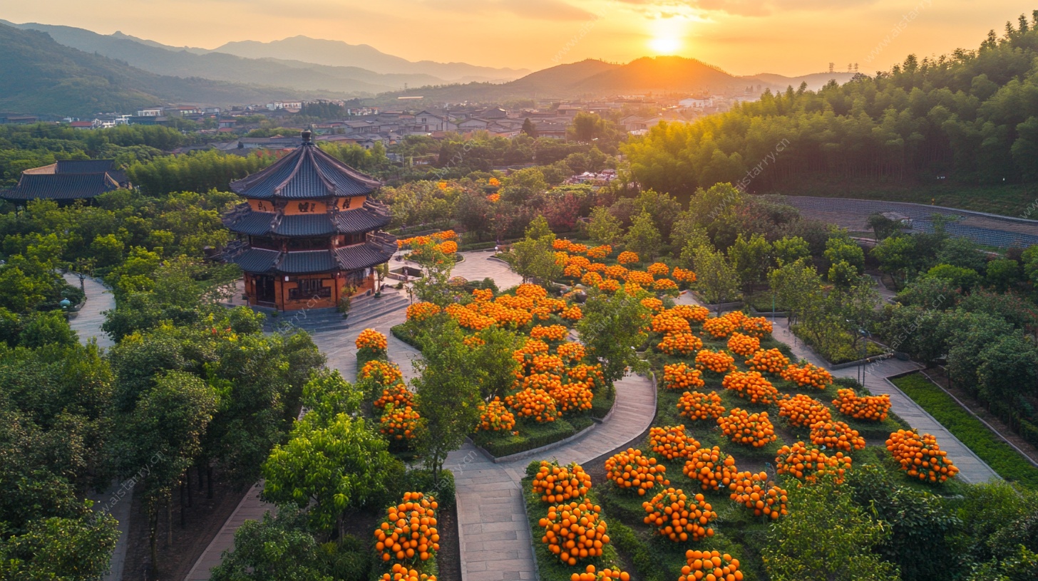 夕阳下的花园古亭美景