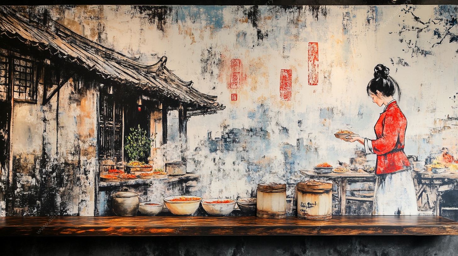 古风女子于古巷摊前劳作