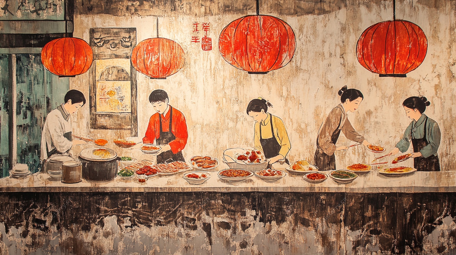 古风餐厅忙碌烹饪场景