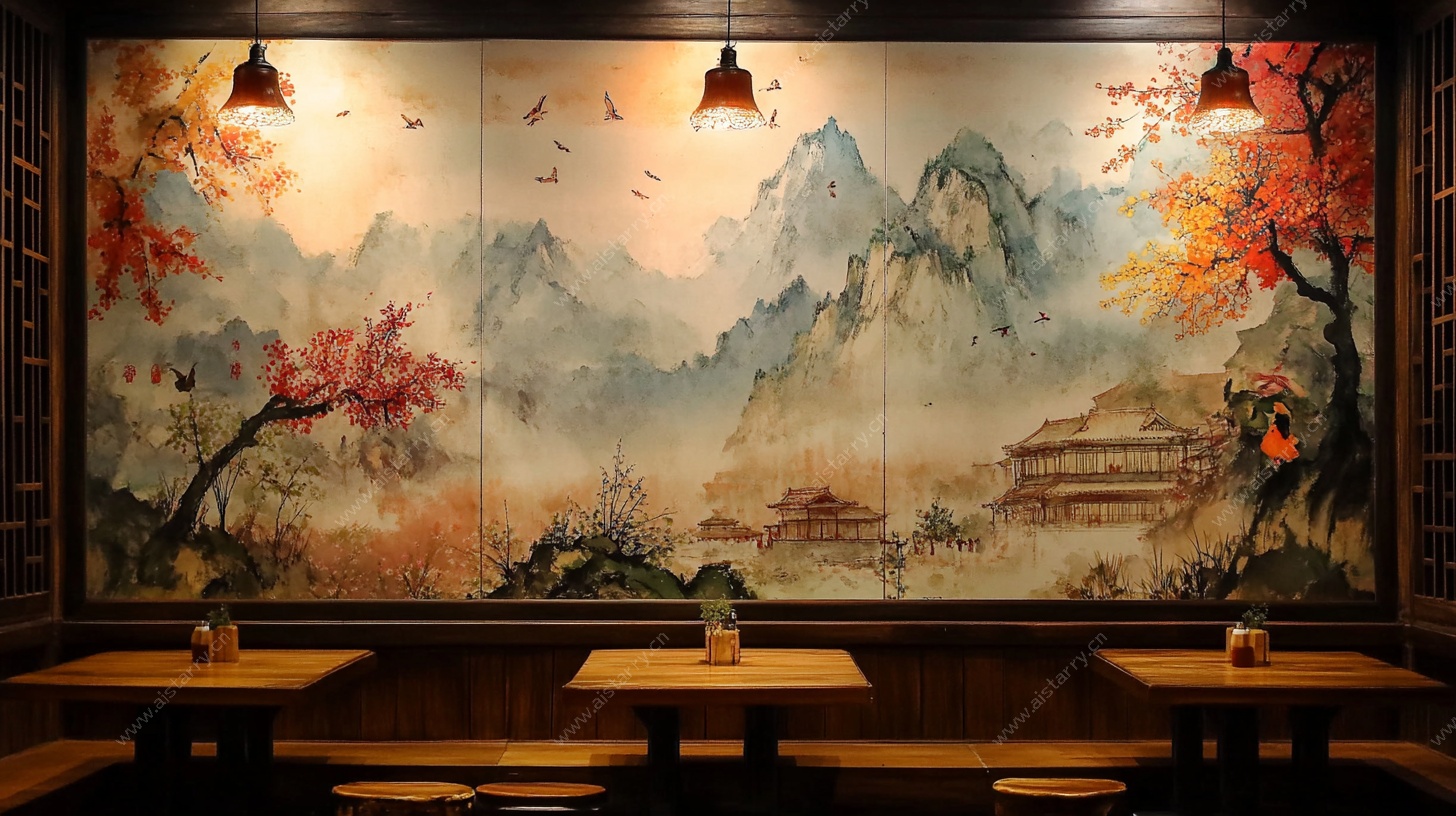中式餐厅山水壁画场景