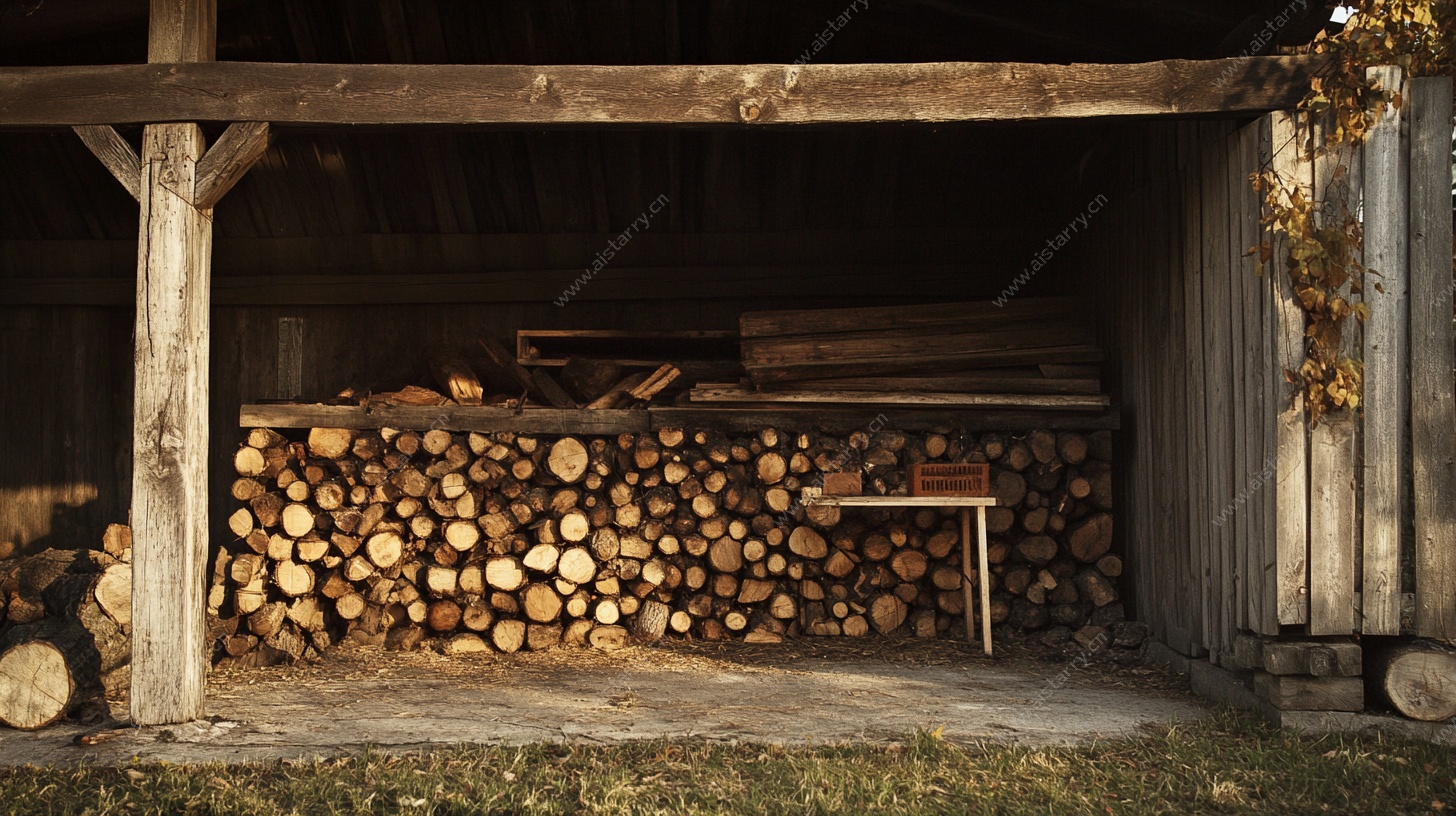 木柴堆放在简易棚下