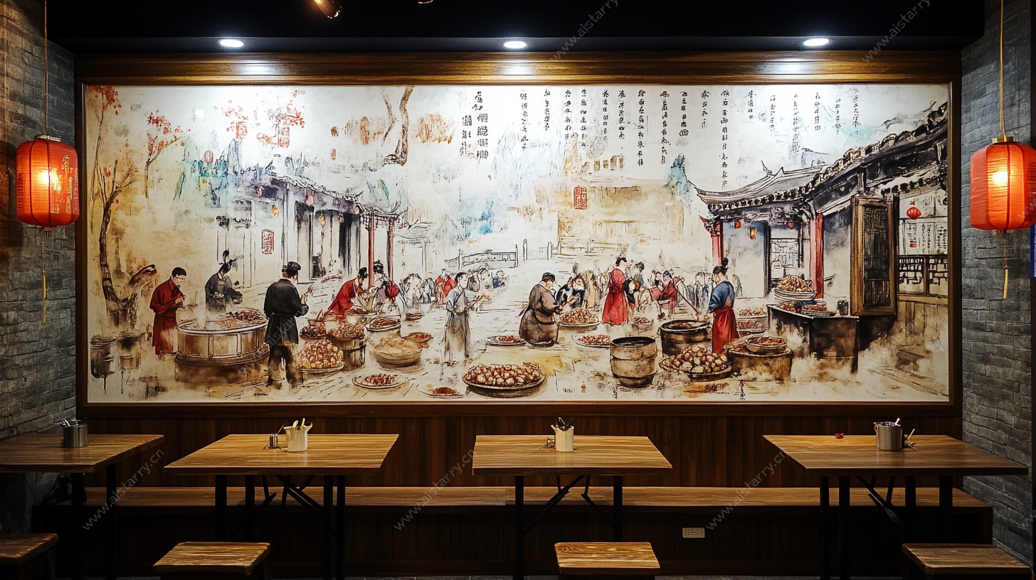 中式餐厅古风壁画场景