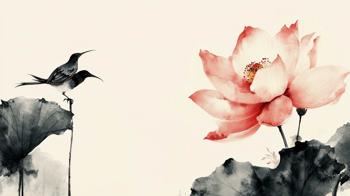 水墨荷花飞鸟图