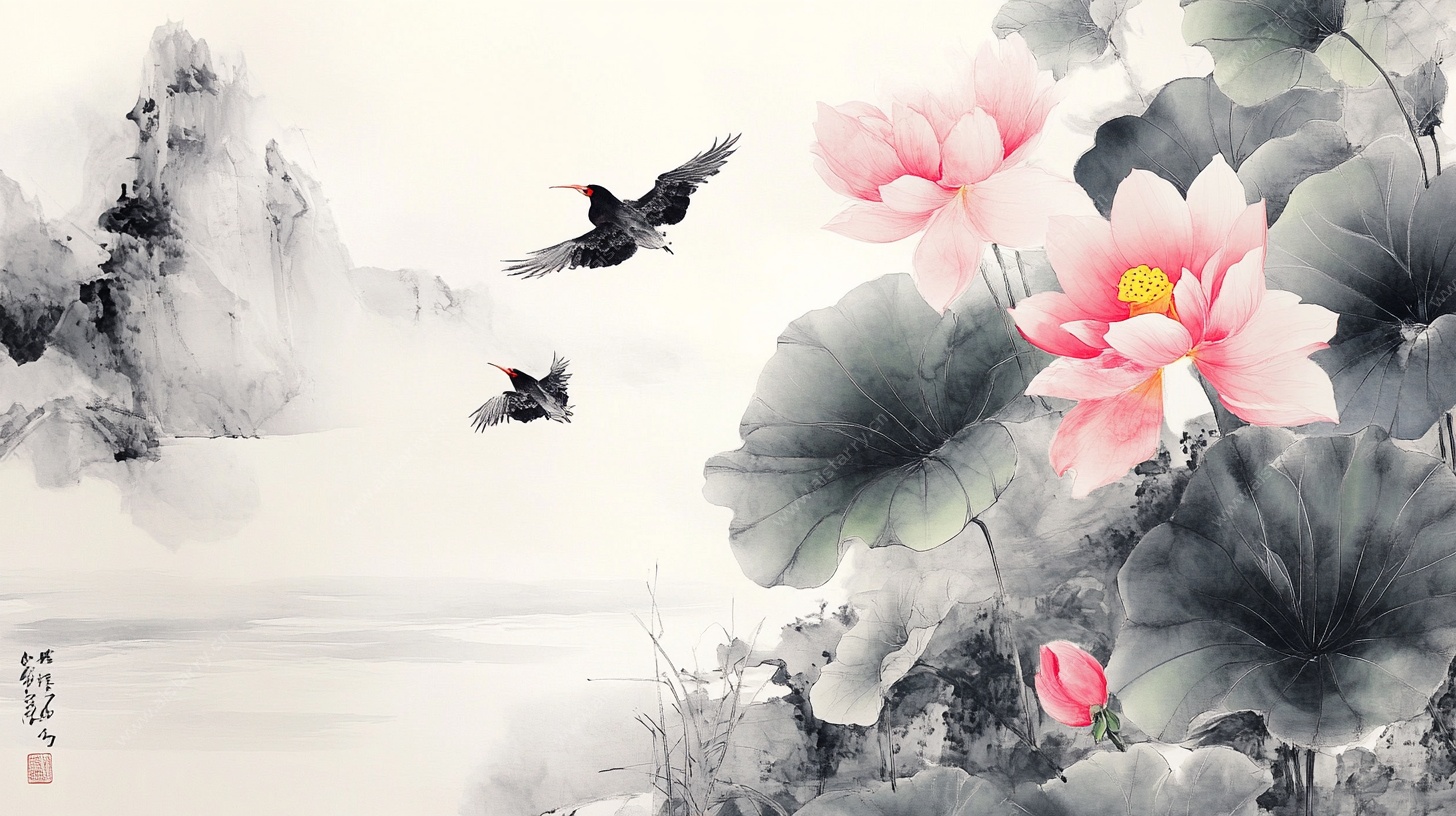 水墨荷花飞鸟图