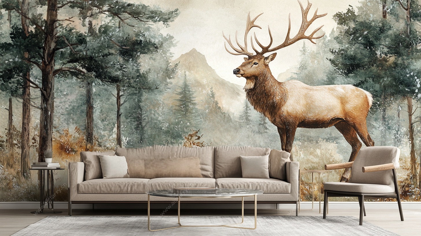 森林麋鹿风客厅装饰背景