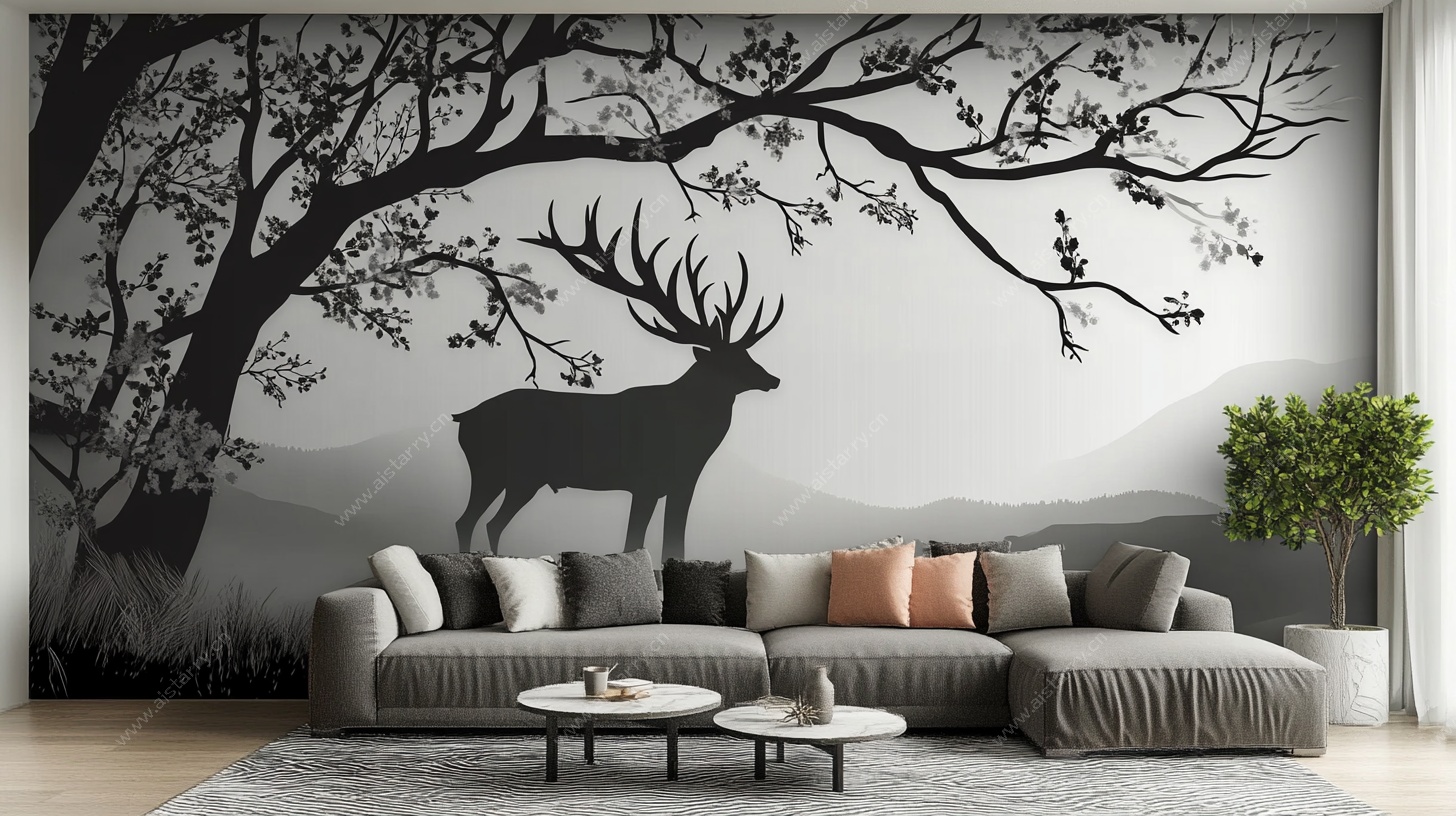 麋鹿森林风客厅背景墙