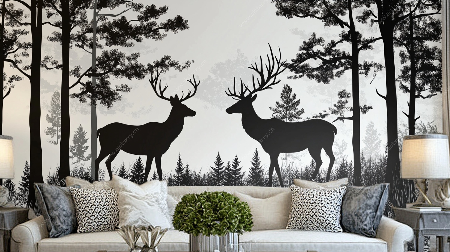 森林麋鹿壁画装饰客厅