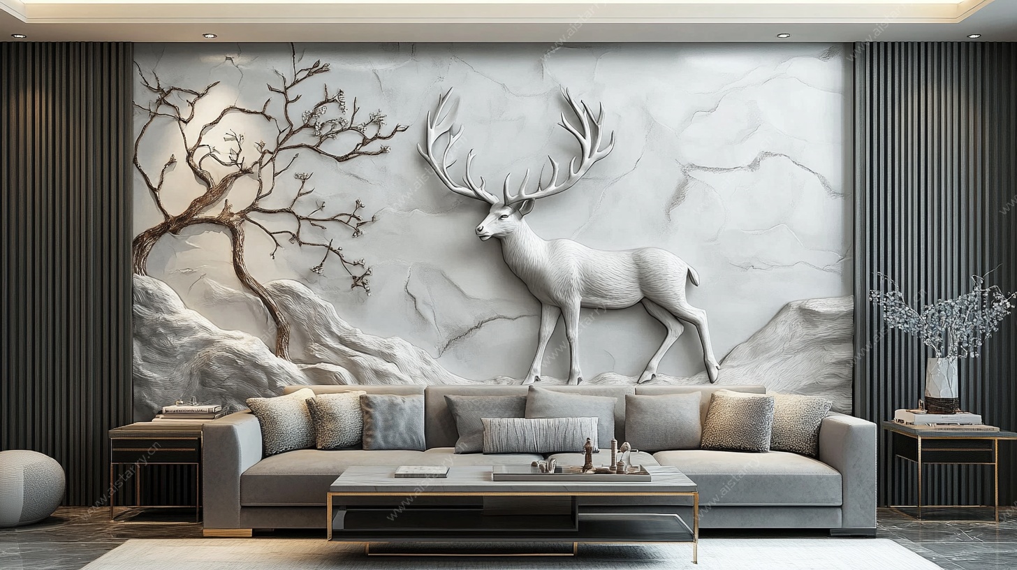 麋鹿山水浮雕风客厅背景墙