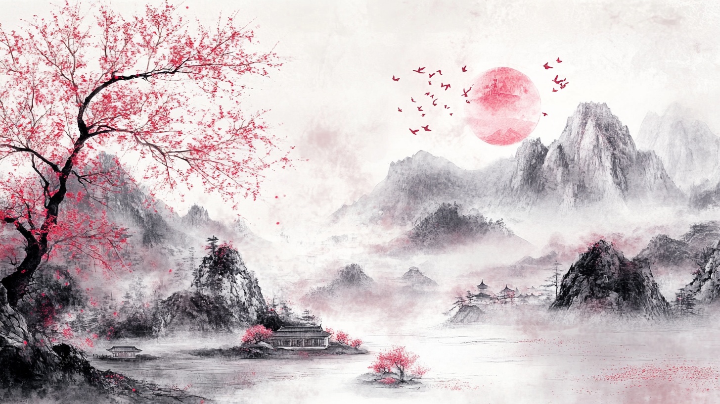 水墨山水红梅图