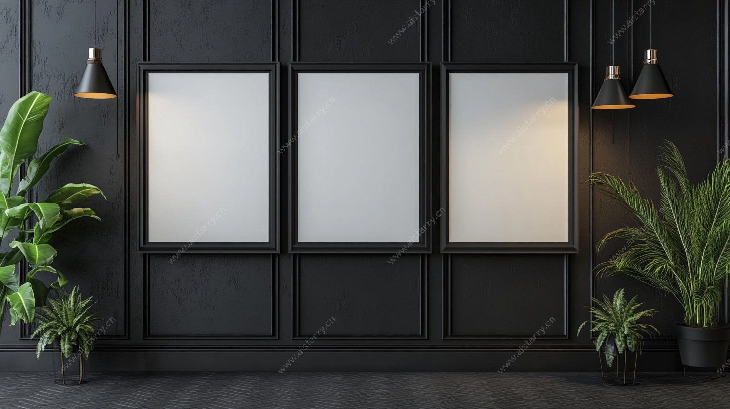 简约黑墙植物挂画展示空间