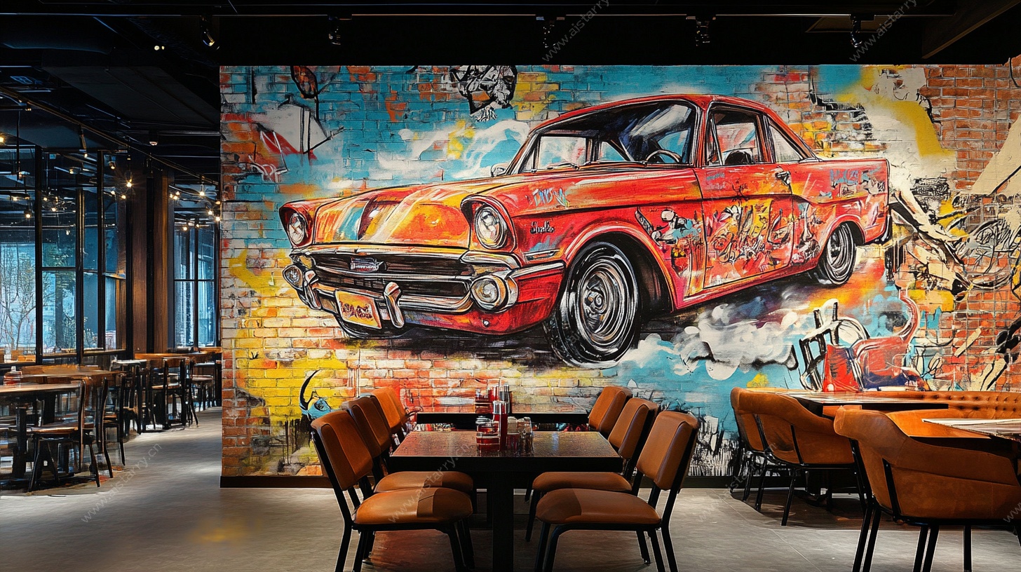 餐厅内复古汽车涂鸦壁画