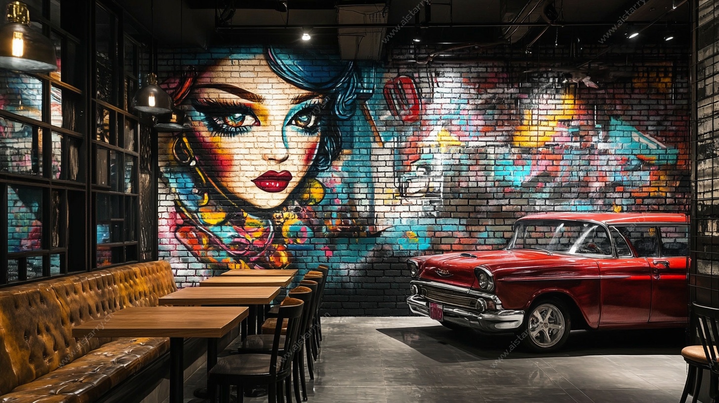 复古涂鸦风餐厅内的经典汽车