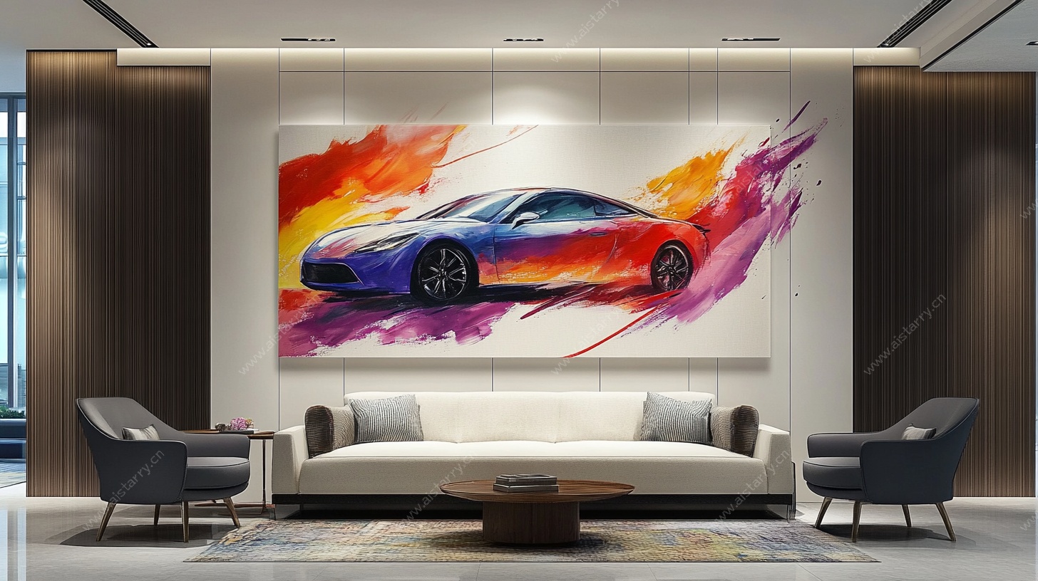 现代客厅的动感汽车挂画