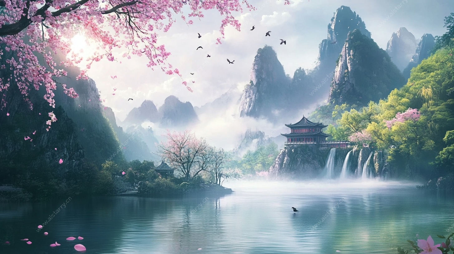 春日山水诗意画卷