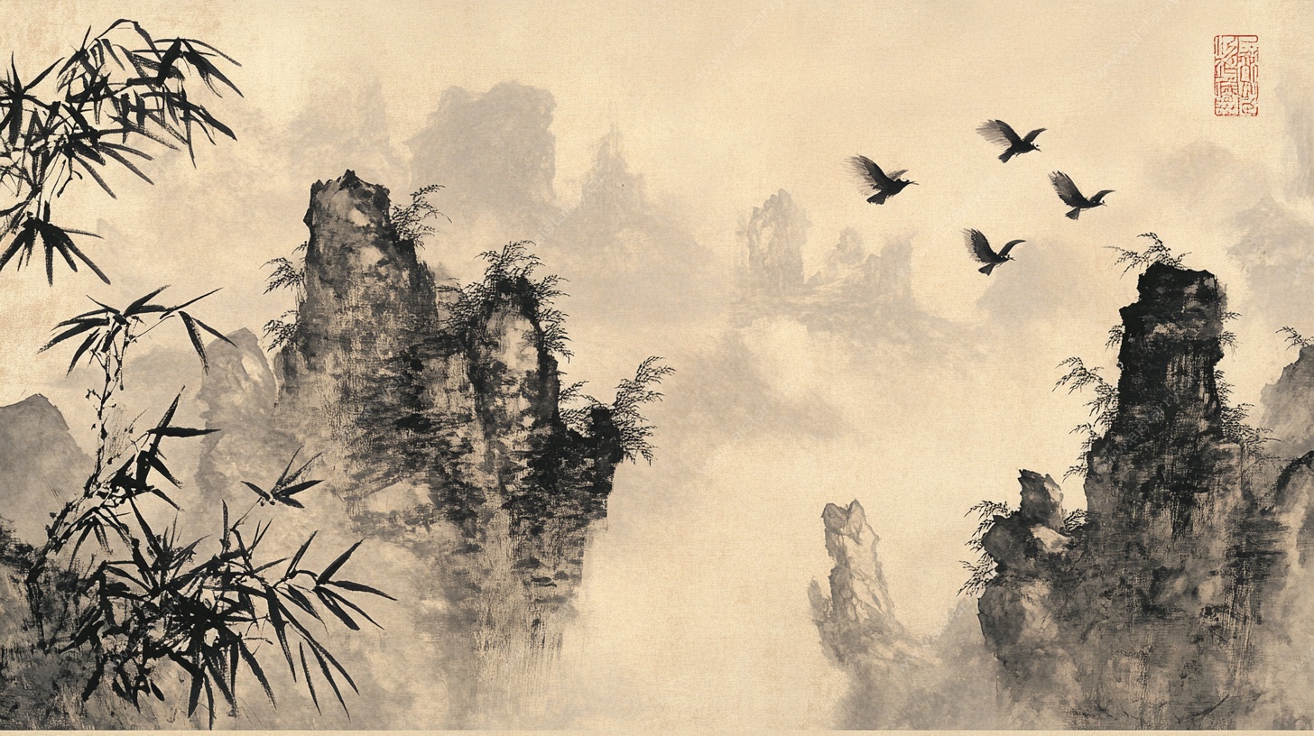 水墨山水飞鸟图