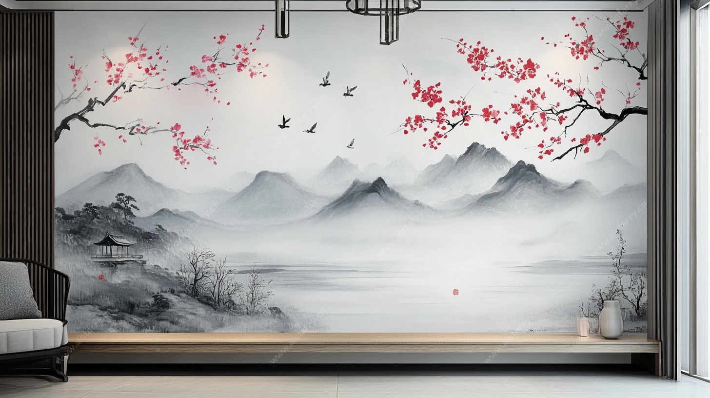 中式山水花鸟背景墙