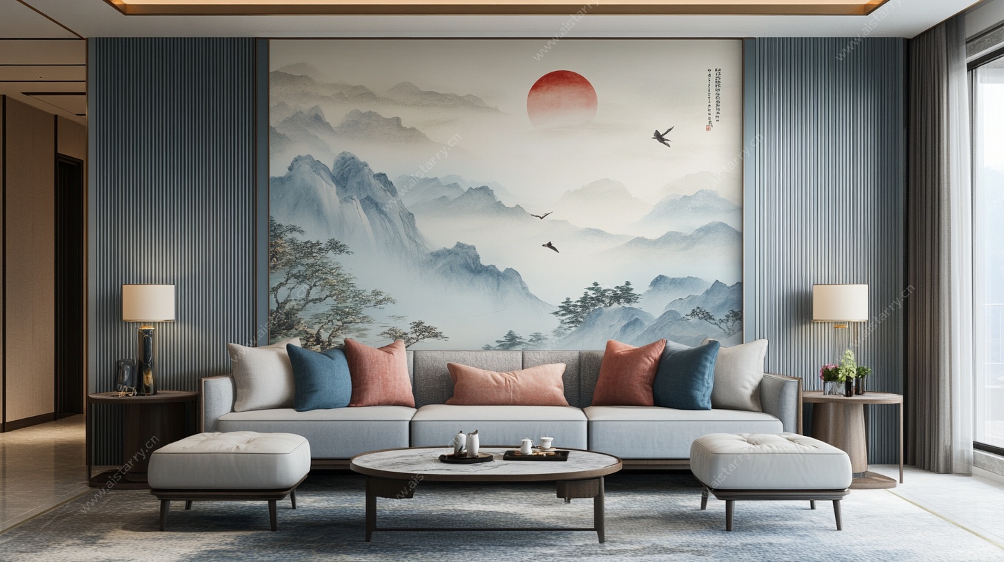 中式山水风客厅沙发背景墙