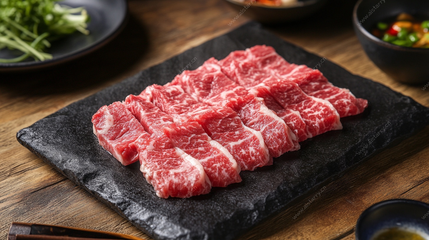 新鲜牛肉切片 石板摆放