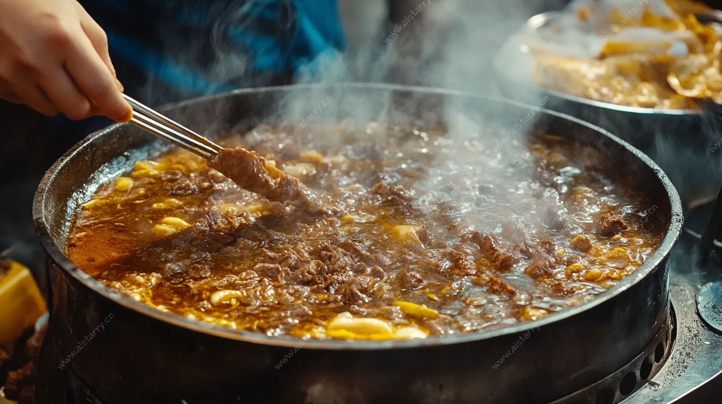 热气腾腾的火锅涮煮瞬间