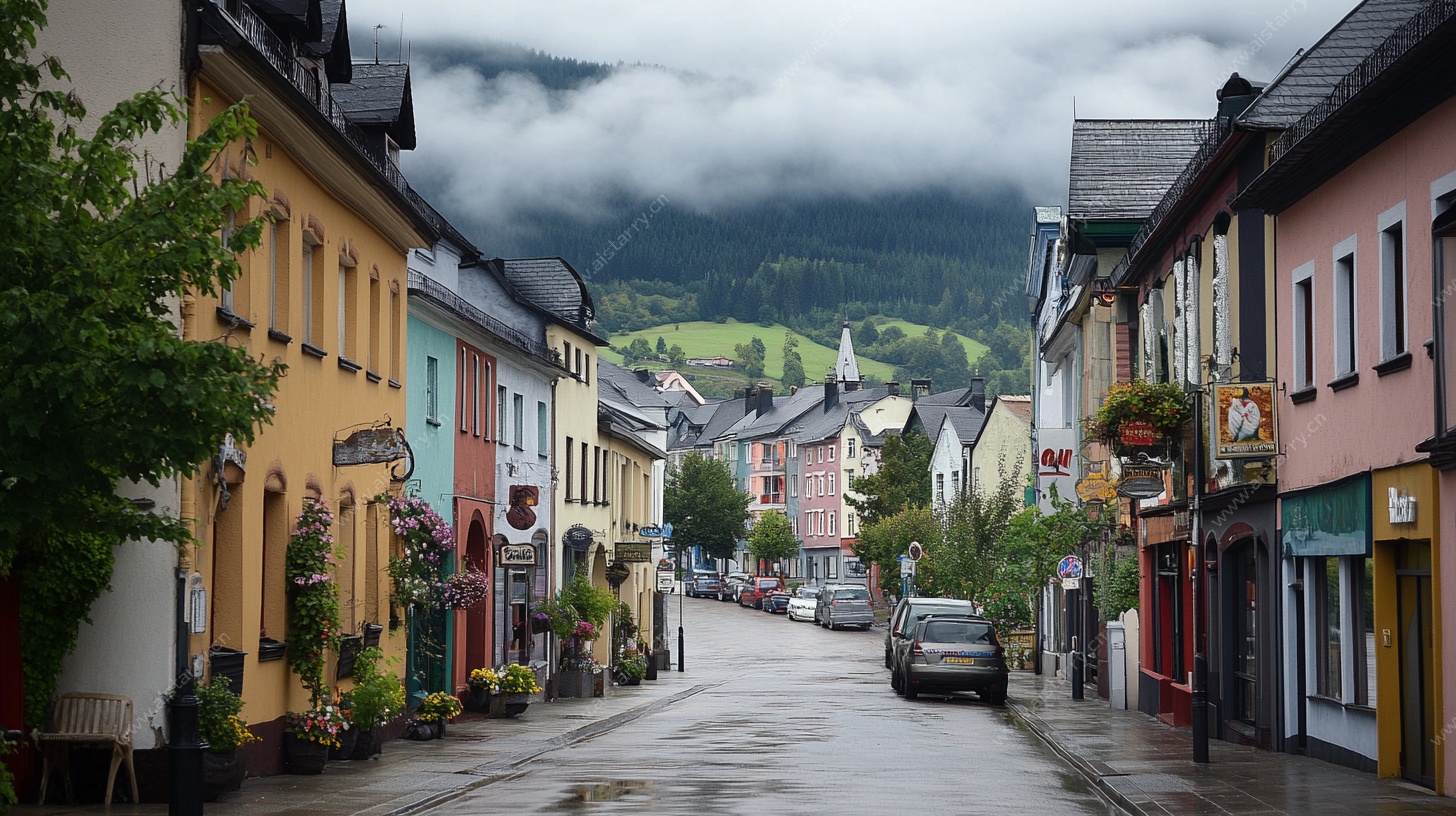 雨后彩色小镇街道风景