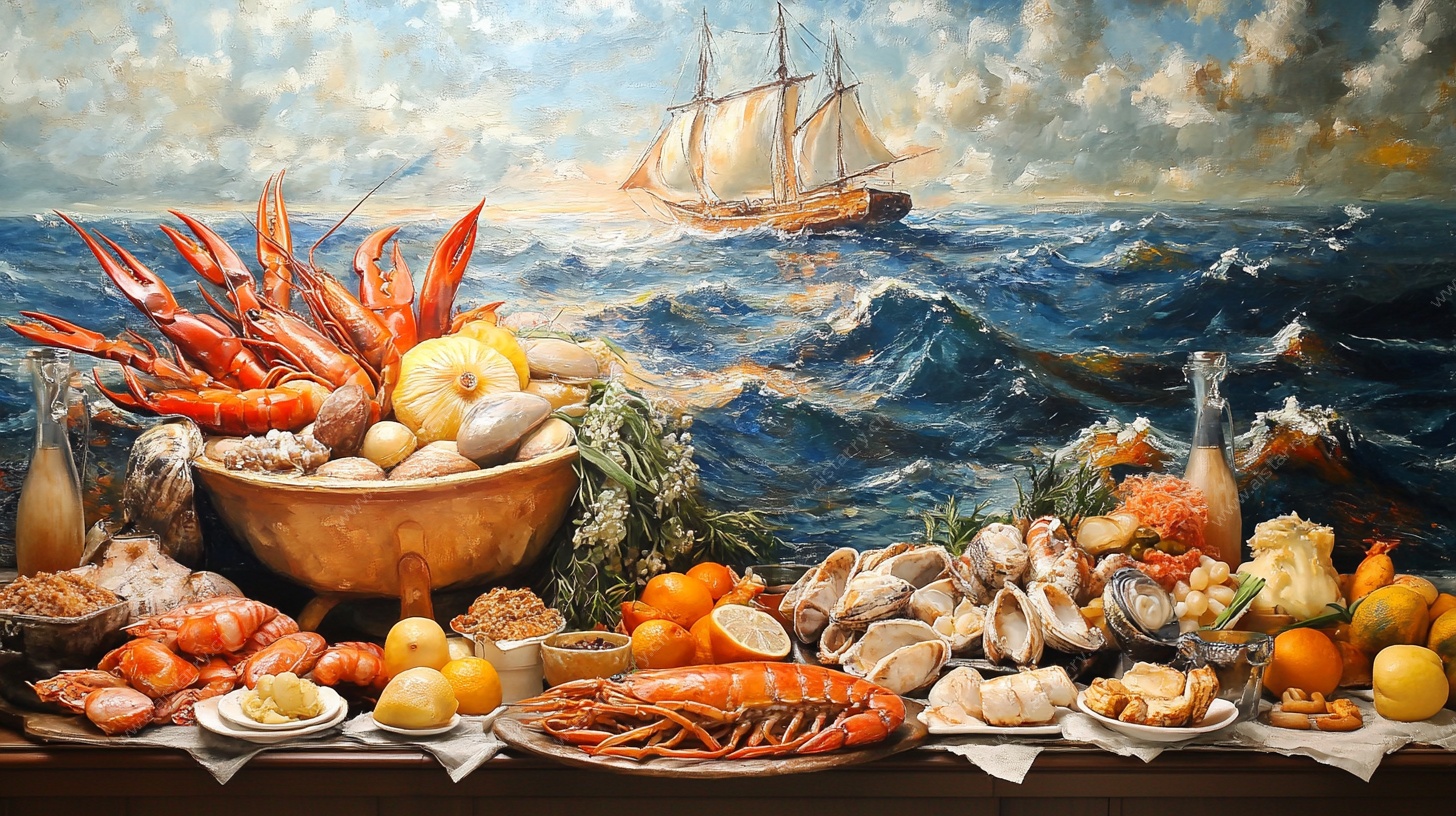 丰盛海鲜盛宴与海景油画
