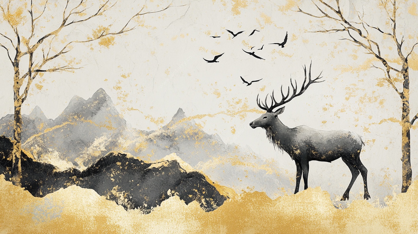 水墨风麋鹿山林飞鸟图景