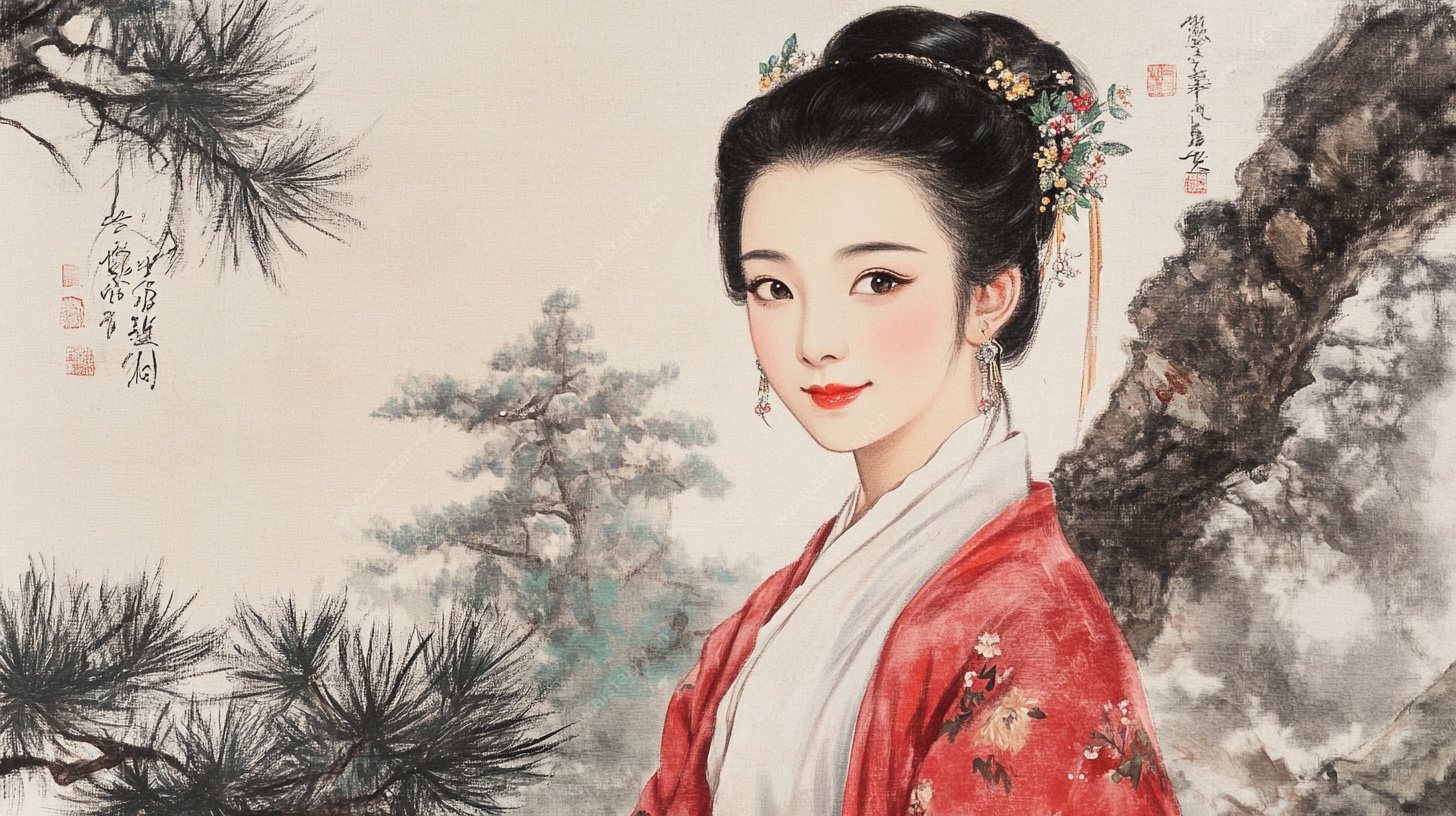 古风红衣佳人画像