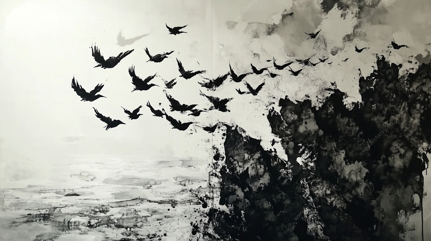 群鸟振翅水墨图