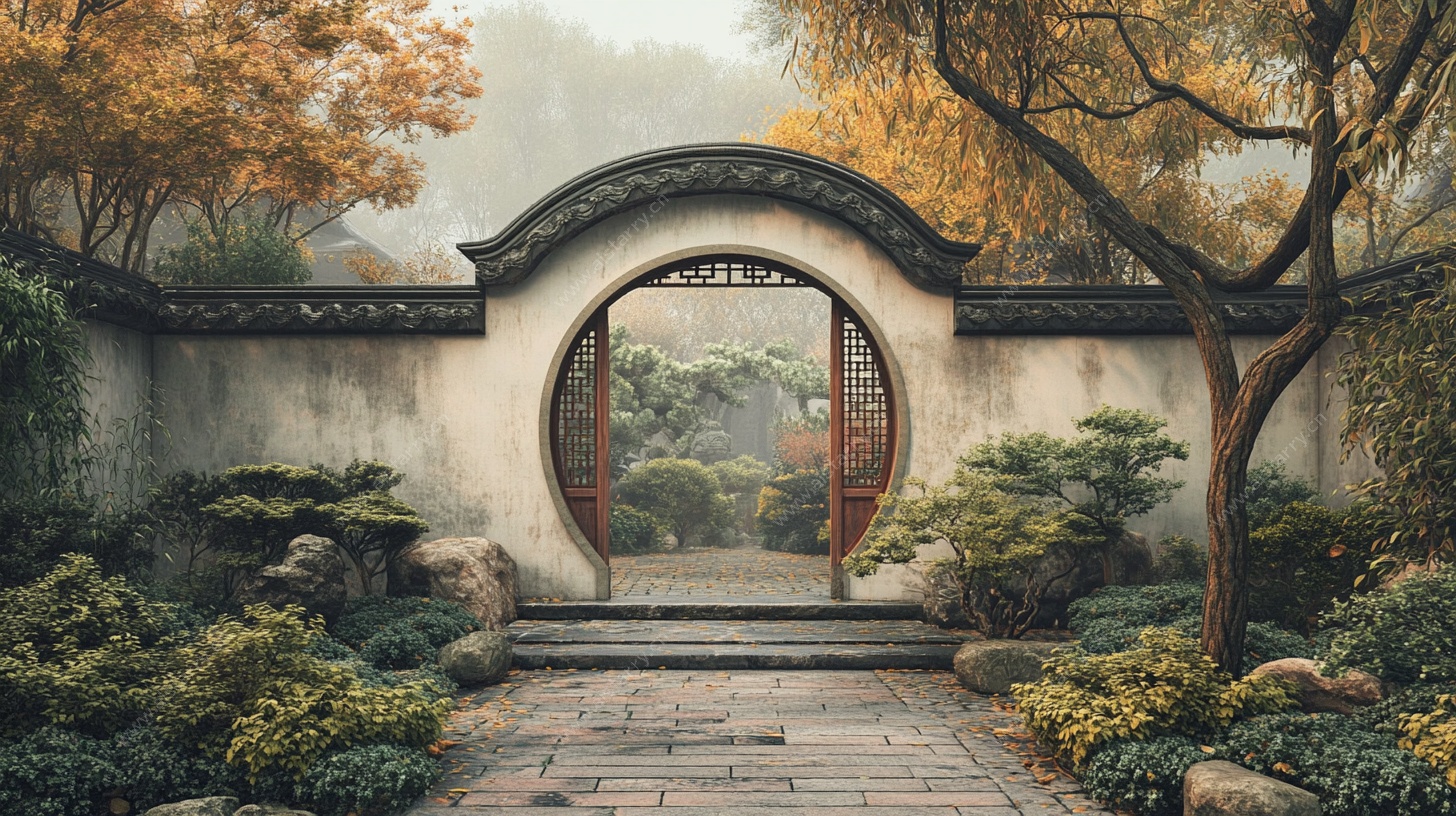 中式园林月洞门秋景图