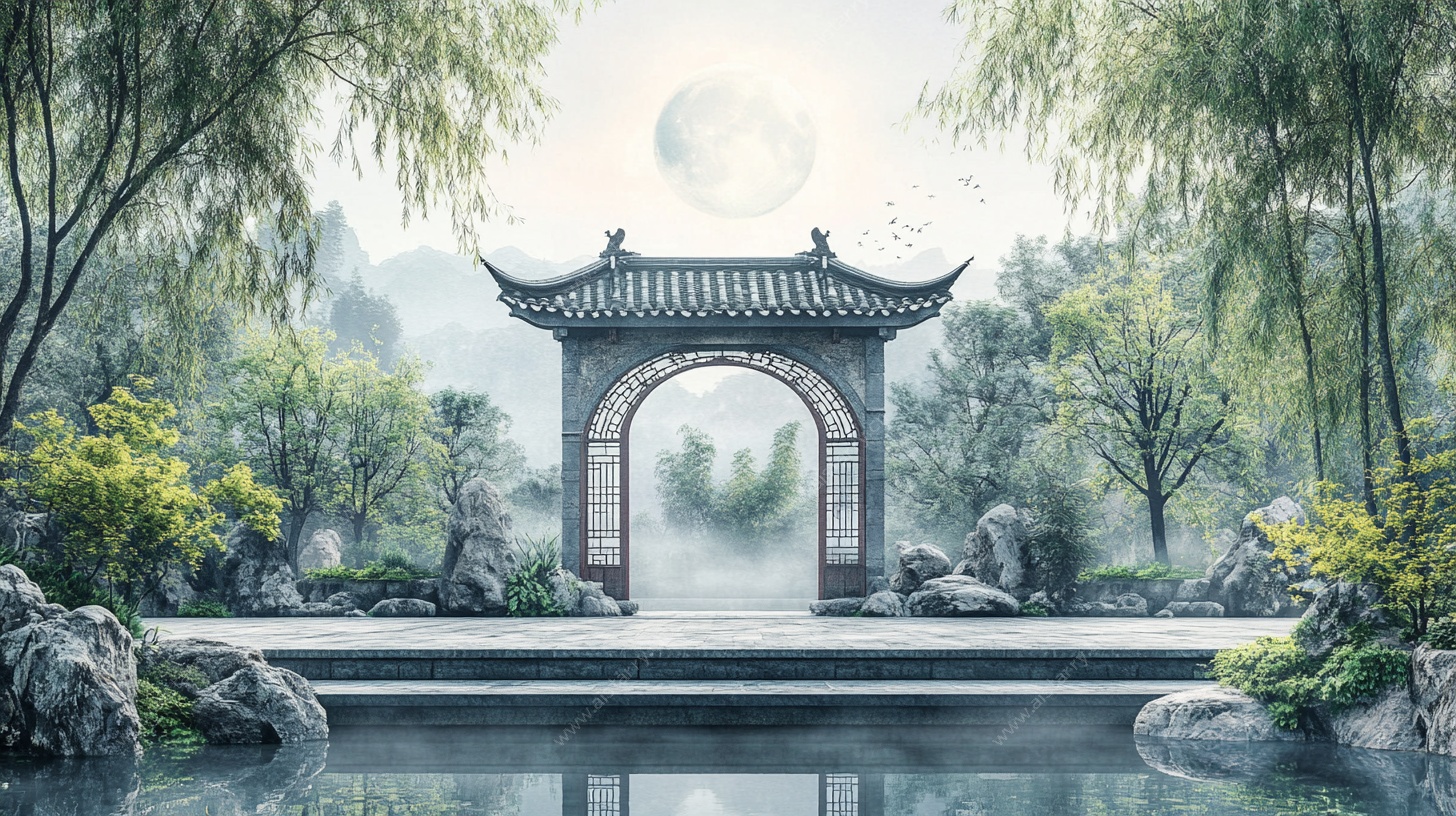 中式园林月夜景致