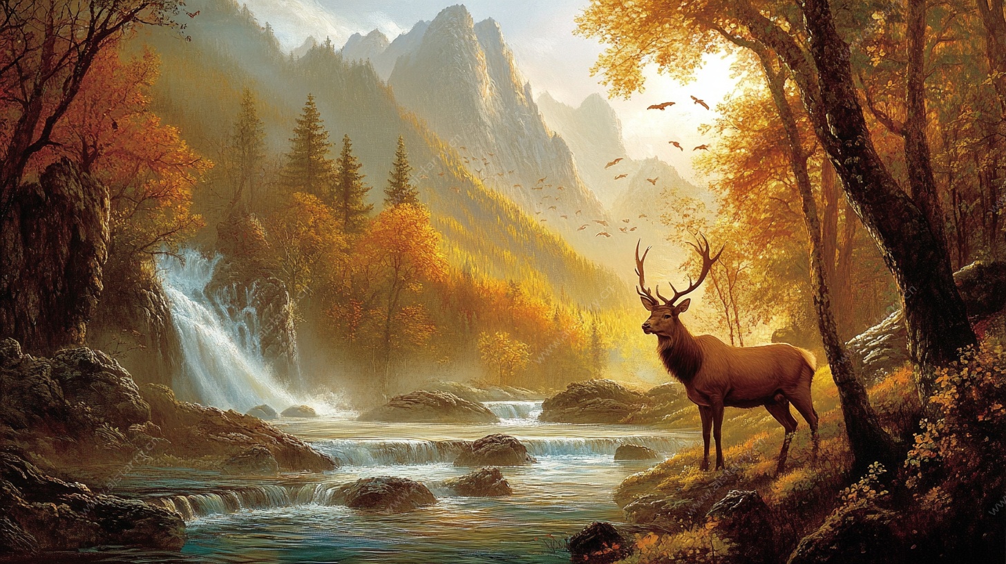 秋日山林间的鹿与溪流